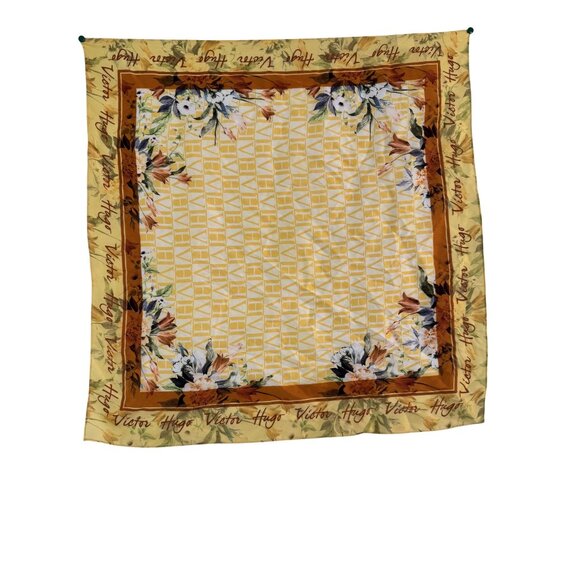 Victor Hugo Accessories - Vintage Victor Hugo Womens Floral Silk Scarf Yellow Botanical Monogram 60cm